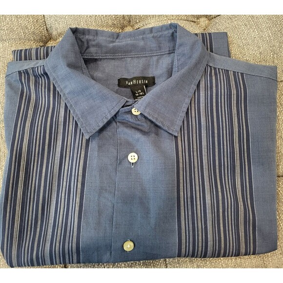 Van Heusen Cotton Blend Size L Square Hem Blue Button Front Shirt - Picture 2 of 7